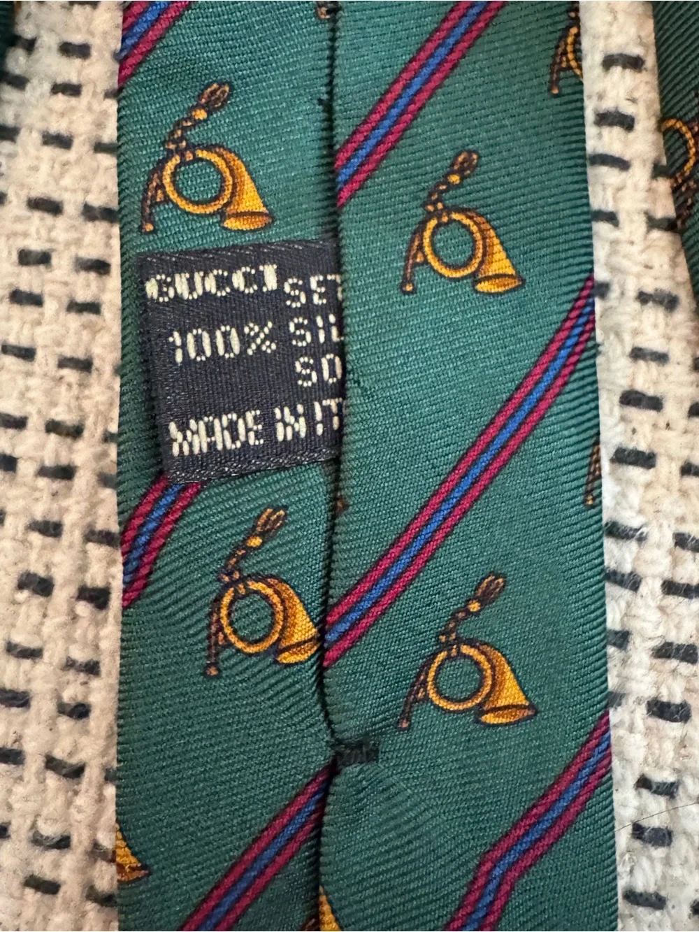 Vintage 80s/90s Gucci Green Silk Equestrian Hunting Horn Tie Deadstock